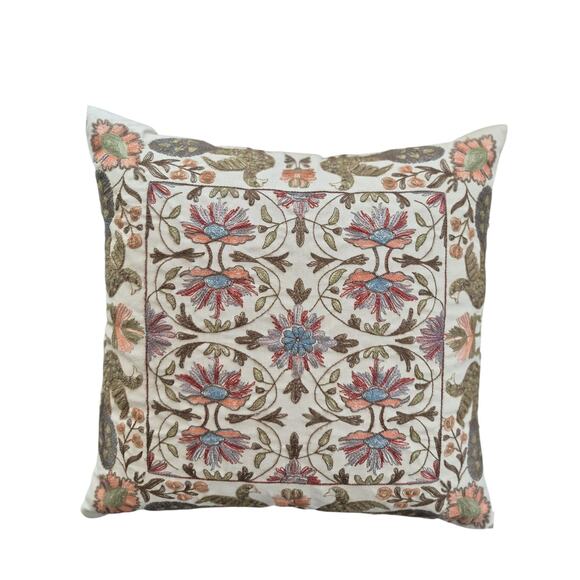 Vintage Embroidery Pottery Barn Throw Pillow 2011 Natural Moss Green Blue Red - Picture 1 of 10